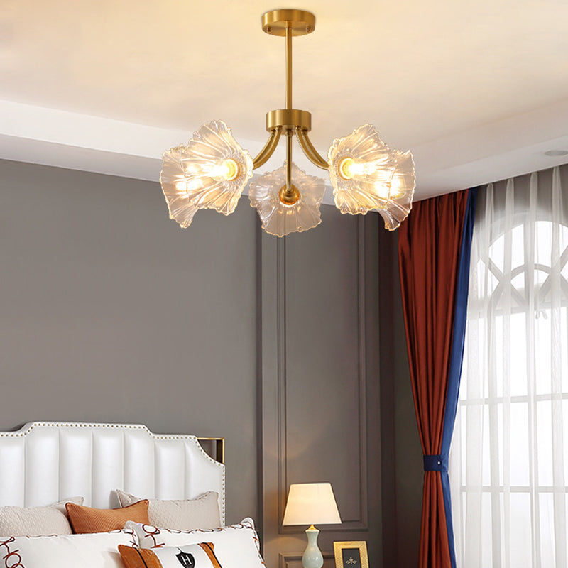 Traditional French Branch Flower Curved Glass Brass 3/5/8 Light Chandelier For Living Room