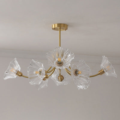 Traditional French Branch Flower Curved Glass Brass 3/5/8 Light Chandelier For Living Room