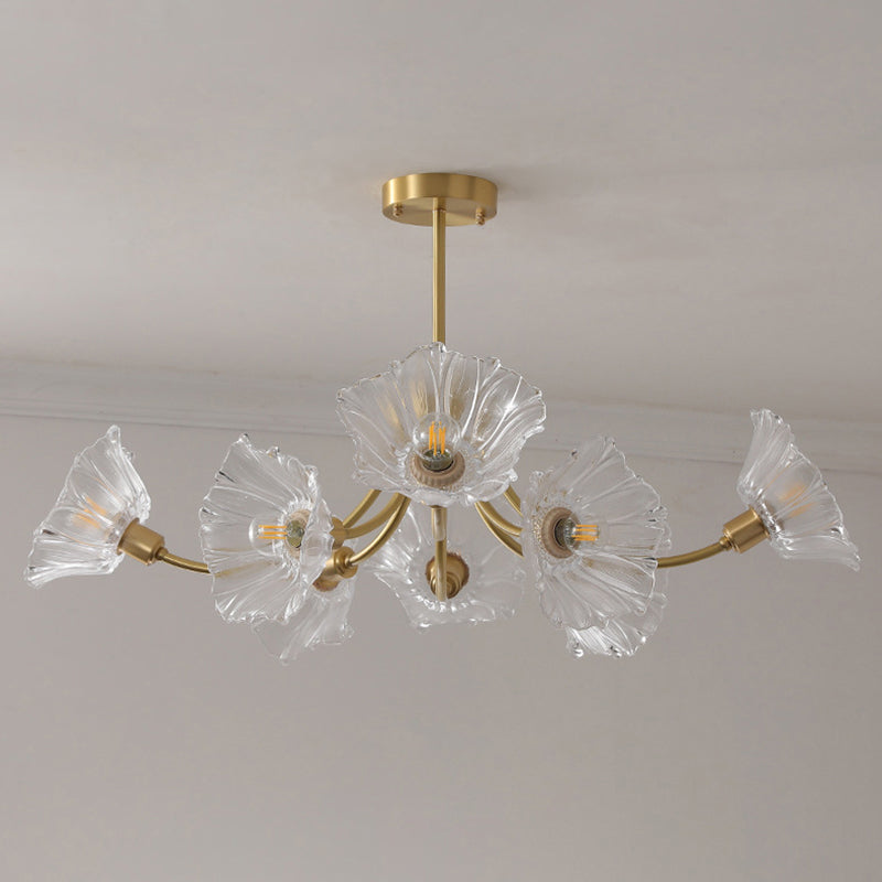 Traditional French Branch Flower Curved Glass Brass 3/5/8 Light Chandelier For Living Room