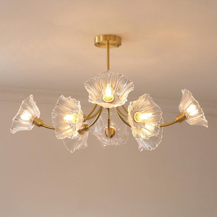 Lustre traditionnel français à branches fleuries en verre courbé et laiton 3/5/8 lumières pour salon 