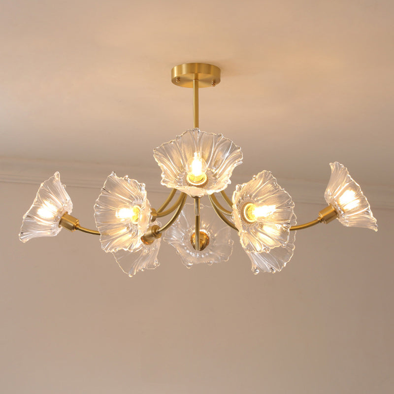 Traditional French Branch Flower Curved Glass Brass 3/5/8 Light Chandelier For Living Room