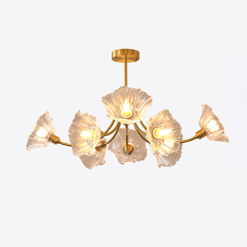Traditional French Branch Flower Curved Glass Brass 3/5/8 Light Chandelier For Living Room