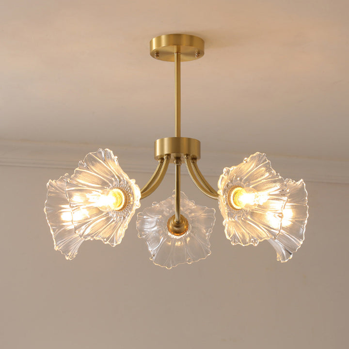 Lustre traditionnel français à branches fleuries en verre courbé et laiton 3/5/8 lumières pour salon 