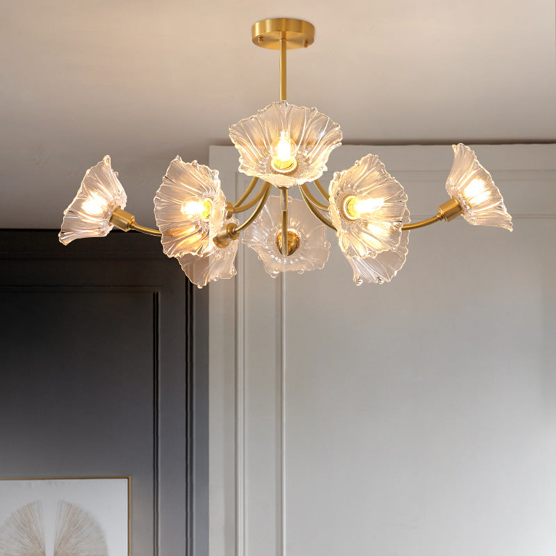 Traditional French Branch Flower Curved Glass Brass 3/5/8 Light Chandelier For Living Room