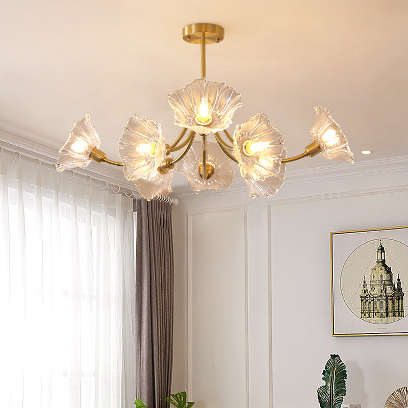 Traditional French Branch Flower Curved Glass Brass 3/5/8 Light Chandelier For Living Room