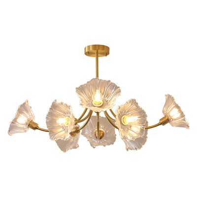 Traditional French Branch Flower Curved Glass Brass 3/5/8 Light Chandelier For Living Room