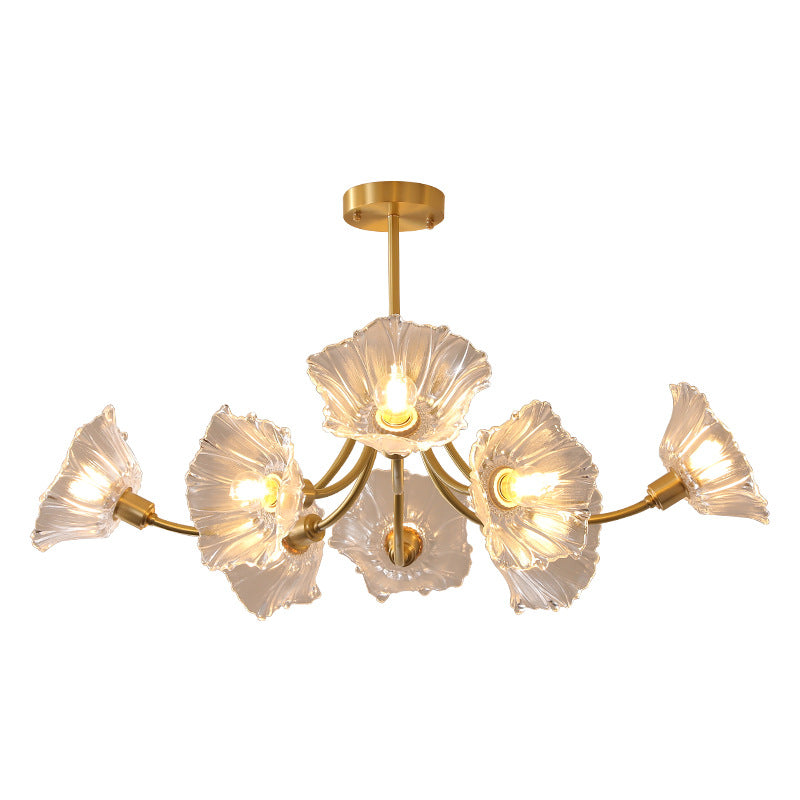 Traditional French Branch Flower Curved Glass Brass 3/5/8 Light Chandelier For Living Room