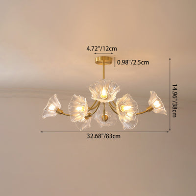 Traditional French Branch Flower Curved Glass Brass 3/5/8 Light Chandelier For Living Room
