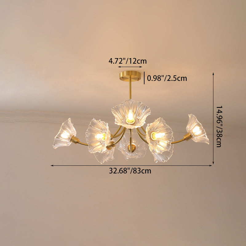 Traditional French Branch Flower Curved Glass Brass 3/5/8 Light Chandelier For Living Room