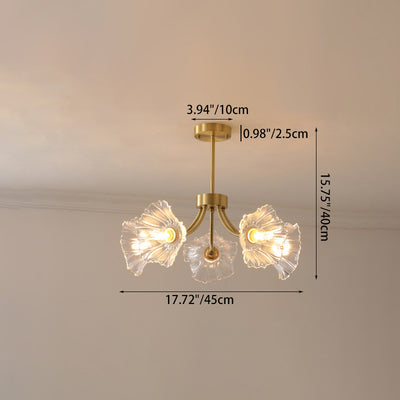 Traditional French Branch Flower Curved Glass Brass 3/5/8 Light Chandelier For Living Room