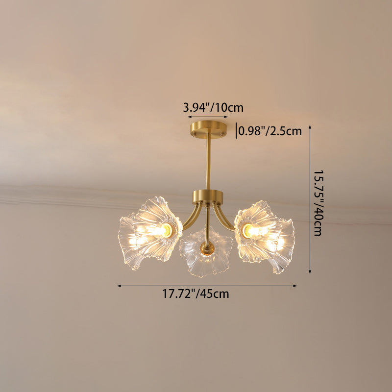 Traditional French Branch Flower Curved Glass Brass 3/5/8 Light Chandelier For Living Room