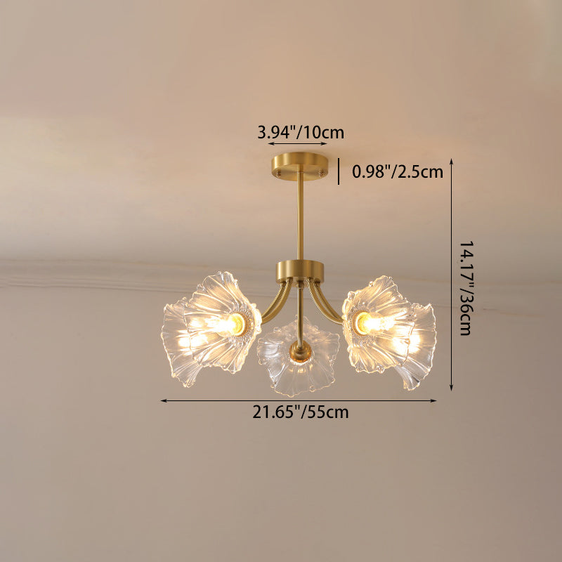 Traditional French Branch Flower Curved Glass Brass 3/5/8 Light Chandelier For Living Room