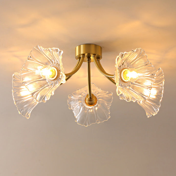 Traditional Vintage Round Branch Floral Glass Brass 3/5/8 Light Semi-Flush Mount Ceiling Light For Living Room
