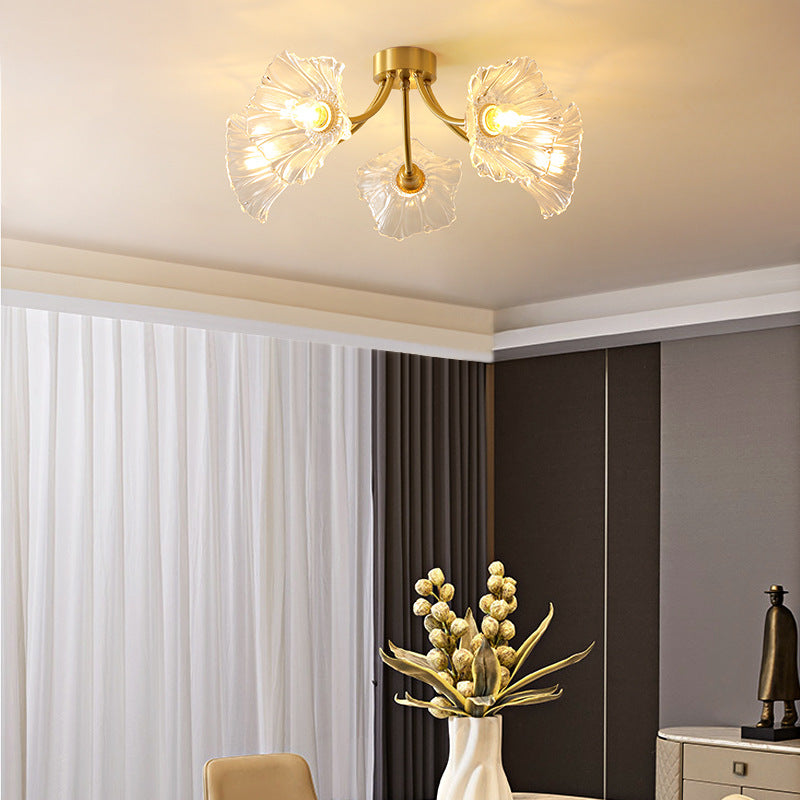 Traditional Vintage Round Branch Floral Glass Brass 3/5/8 Light Semi-Flush Mount Ceiling Light For Living Room
