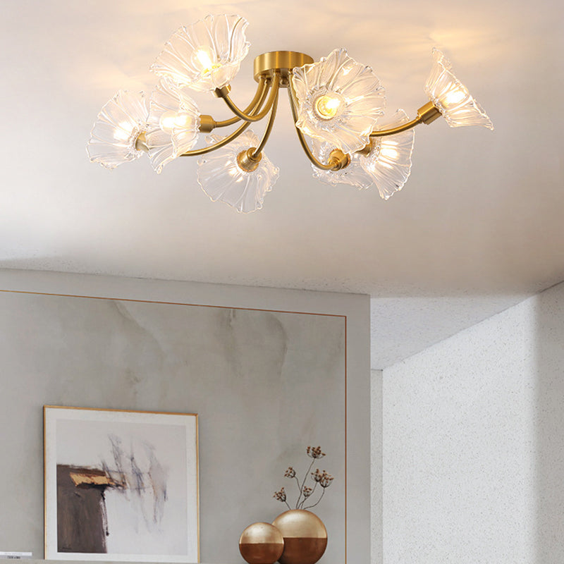 Traditional Vintage Round Branch Floral Glass Brass 3/5/8 Light Semi-Flush Mount Ceiling Light For Living Room
