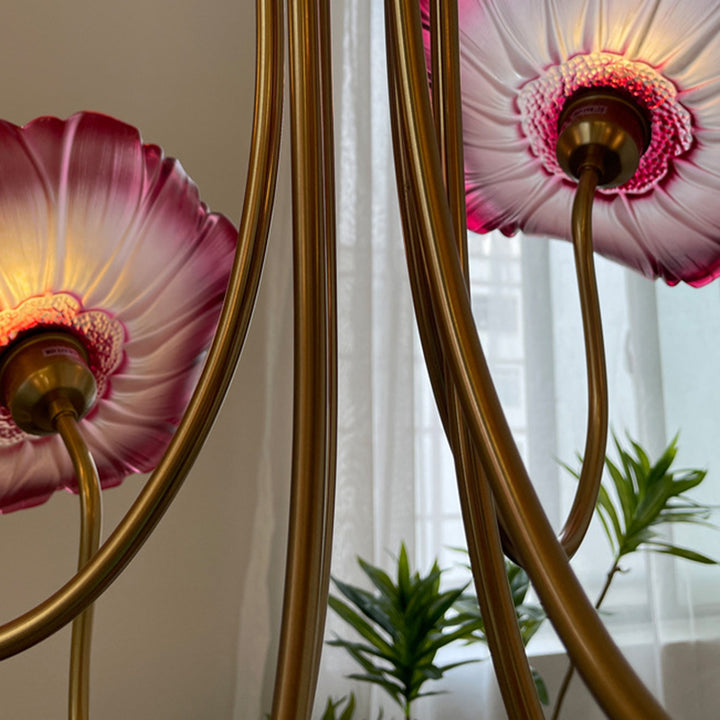 Lustre à 6 lumières en cuivre avec branches courbées et verre pour salon, style trompette française traditionnelle 