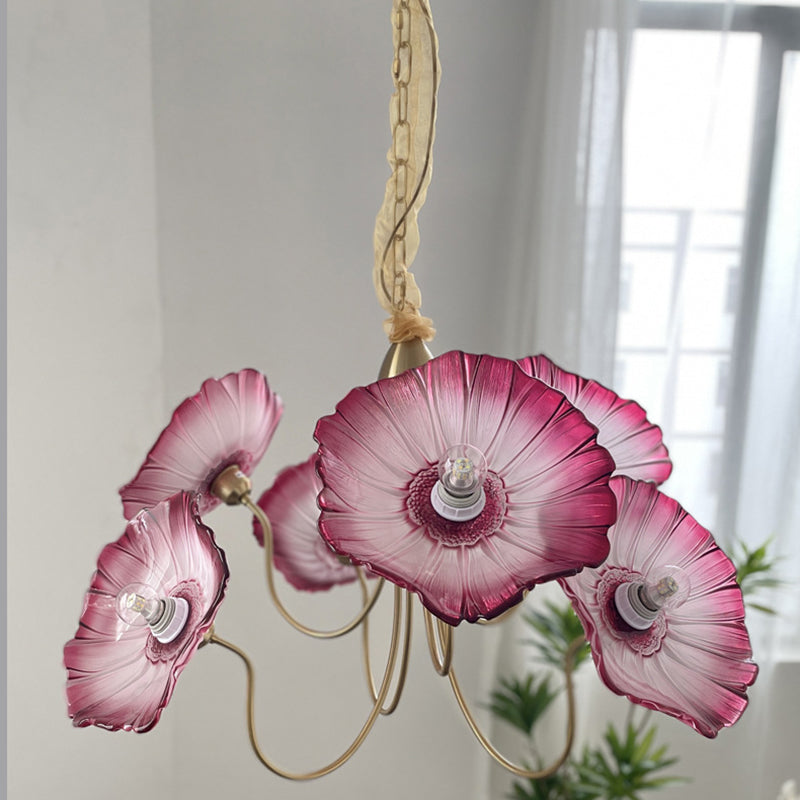Lustre à 6 lumières en cuivre avec branches courbées et verre pour salon, style trompette française traditionnelle 