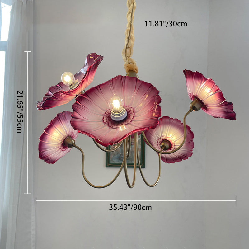 Lustre à 6 lumières en cuivre avec branches courbées et verre pour salon, style trompette française traditionnelle 