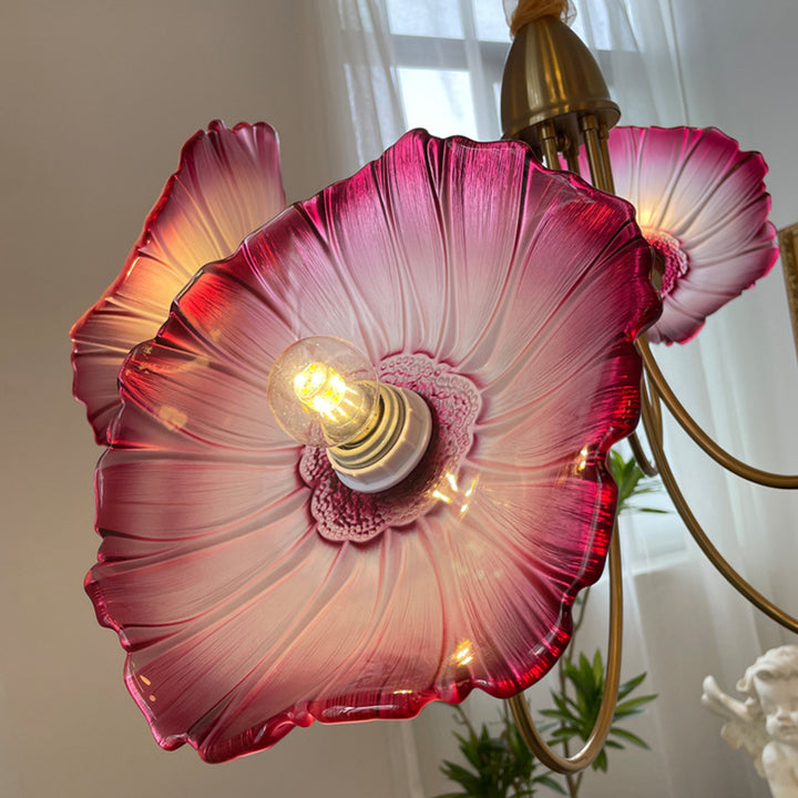 Lustre à 6 lumières en cuivre avec branches courbées et verre pour salon, style trompette française traditionnelle 
