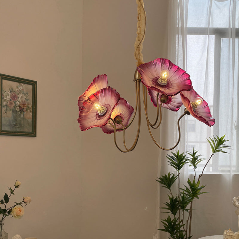 Traditional French Trumpet Branch Bend Glass Copper 6-Light Chandelier For Living Room
