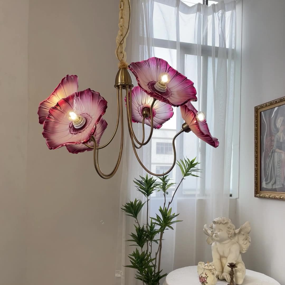 Lustre à 6 lumières en cuivre avec branches courbées et verre pour salon, style trompette française traditionnelle 