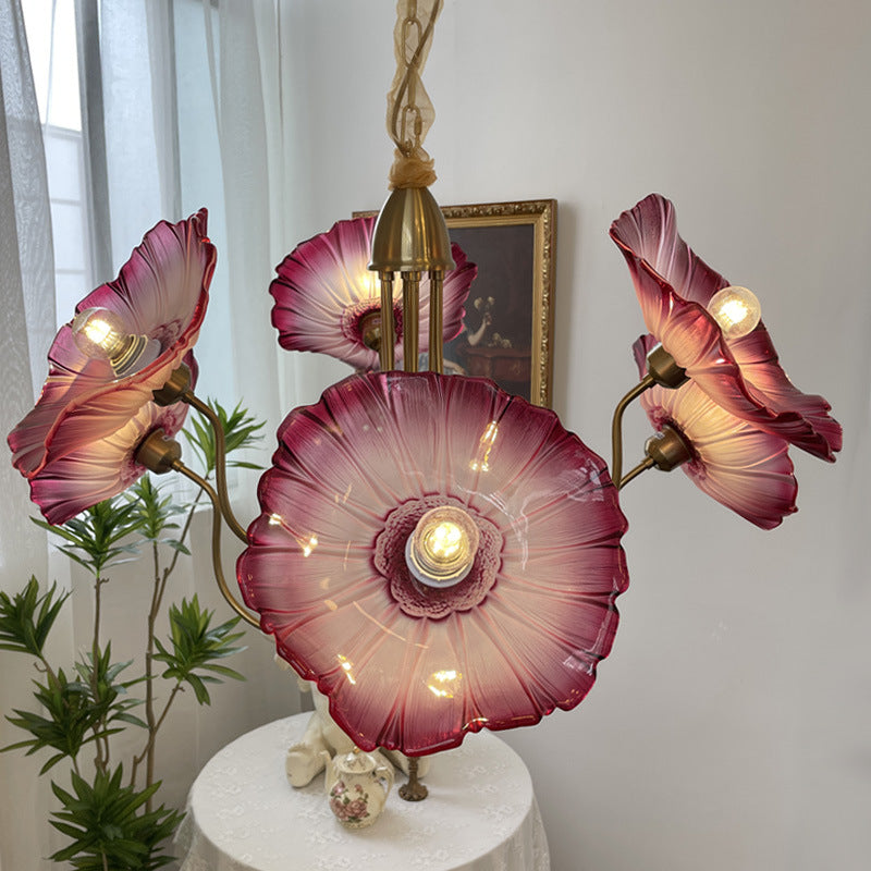 Lustre à 6 lumières en cuivre avec branches courbées et verre pour salon, style trompette française traditionnelle 