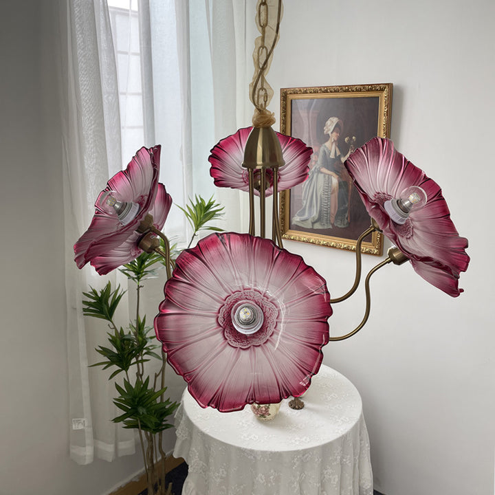 Lustre à 6 lumières en cuivre avec branches courbées et verre pour salon, style trompette française traditionnelle 