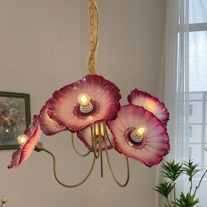 Lustre à 6 lumières en cuivre avec branches courbées et verre pour salon, style trompette française traditionnelle 