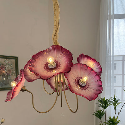 Traditional French Trumpet Branch Bend Glass Copper 6-Light Chandelier For Living Room