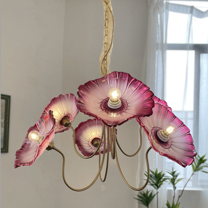 Lustre à 6 lumières en cuivre avec branches courbées et verre pour salon, style trompette française traditionnelle 