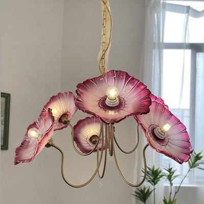 Traditional French Trumpet Branch Bend Glass Copper 6-Light Chandelier For Living Room