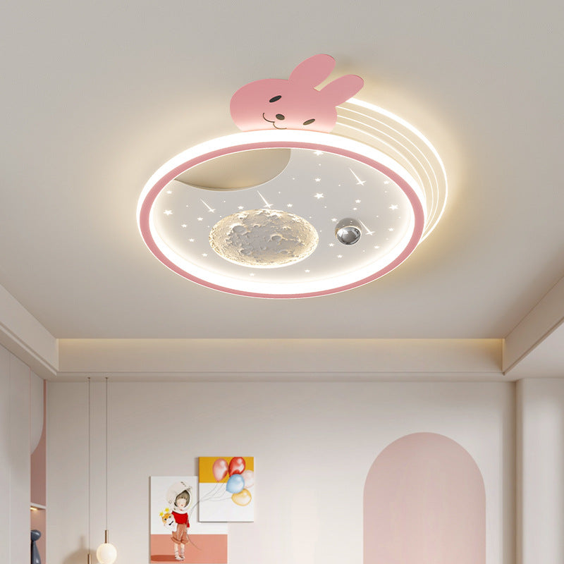 Modern Art Deco Kids Panda Planet Round Acrylic Resin Iron LED Flush Mount Ceiling Light For Living Room