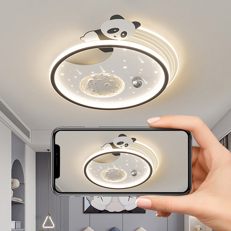 Modern Art Deco Kids Panda Planet Round Acrylic Resin Iron LED Flush Mount Ceiling Light For Living Room