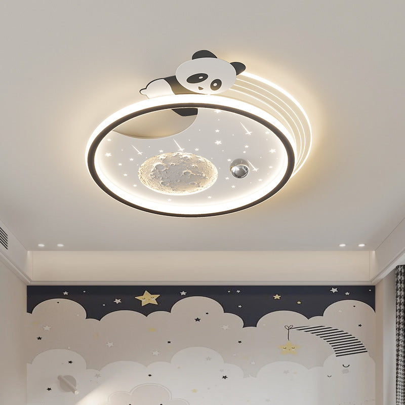 Modern Art Deco Kids Panda Planet Round Acrylic Resin Iron LED Flush Mount Ceiling Light For Living Room