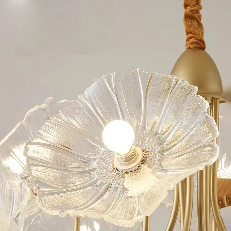 Traditional French Floral Curved Glass Iron 3/6 Light Chandelier For Living Room