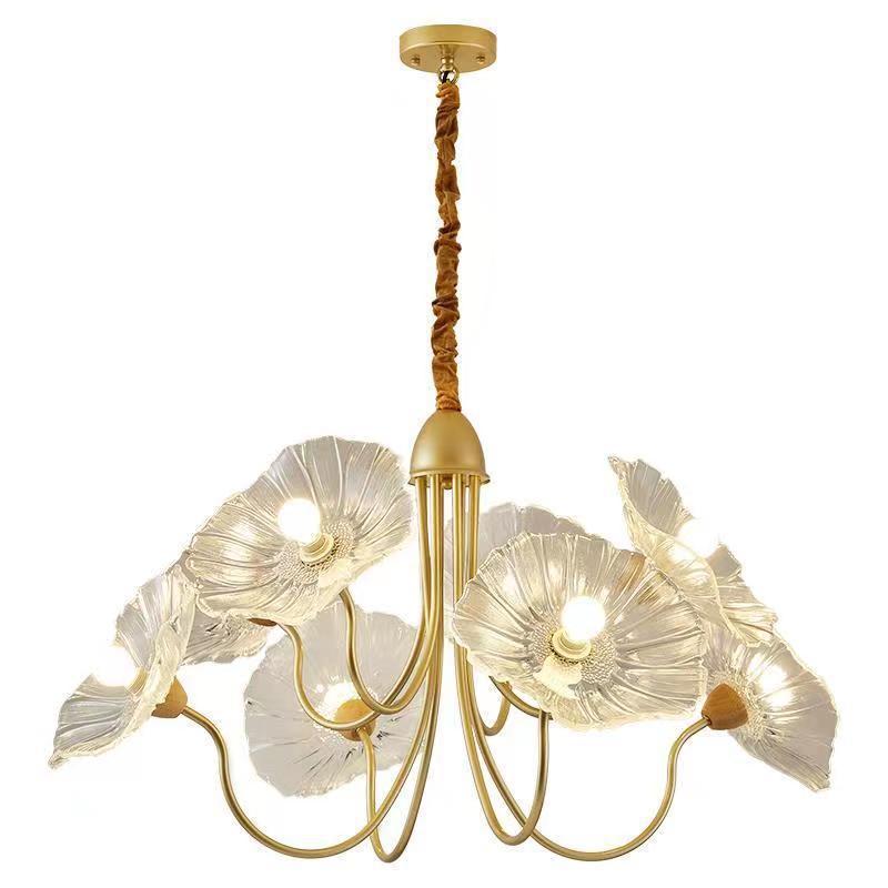 Traditional French Floral Curved Glass Iron 3/6 Light Chandelier For Living Room