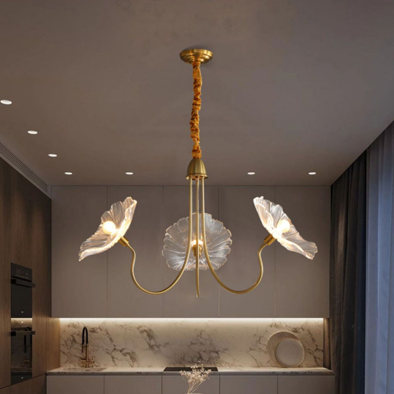 Traditional French Floral Curved Glass Iron 3/6 Light Chandelier For Living Room