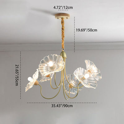 Traditional French Floral Curved Glass Iron 3/6 Light Chandelier For Living Room