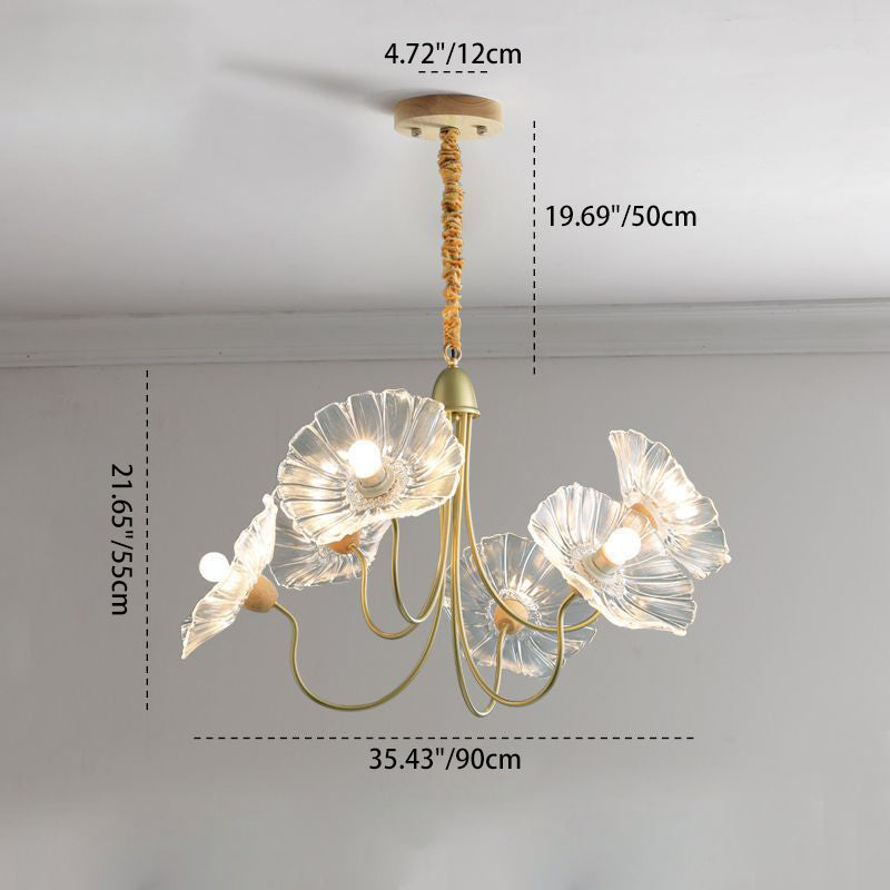 Traditional French Floral Curved Glass Iron 3/6 Light Chandelier For Living Room