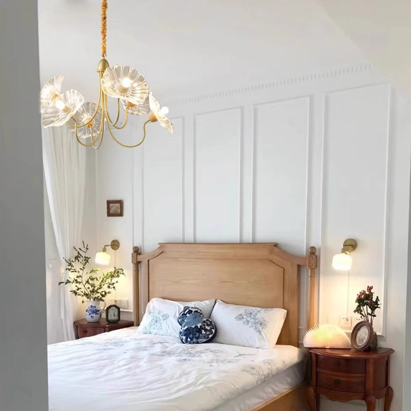 Traditional French Floral Curved Glass Iron 3/6 Light Chandelier For Living Room