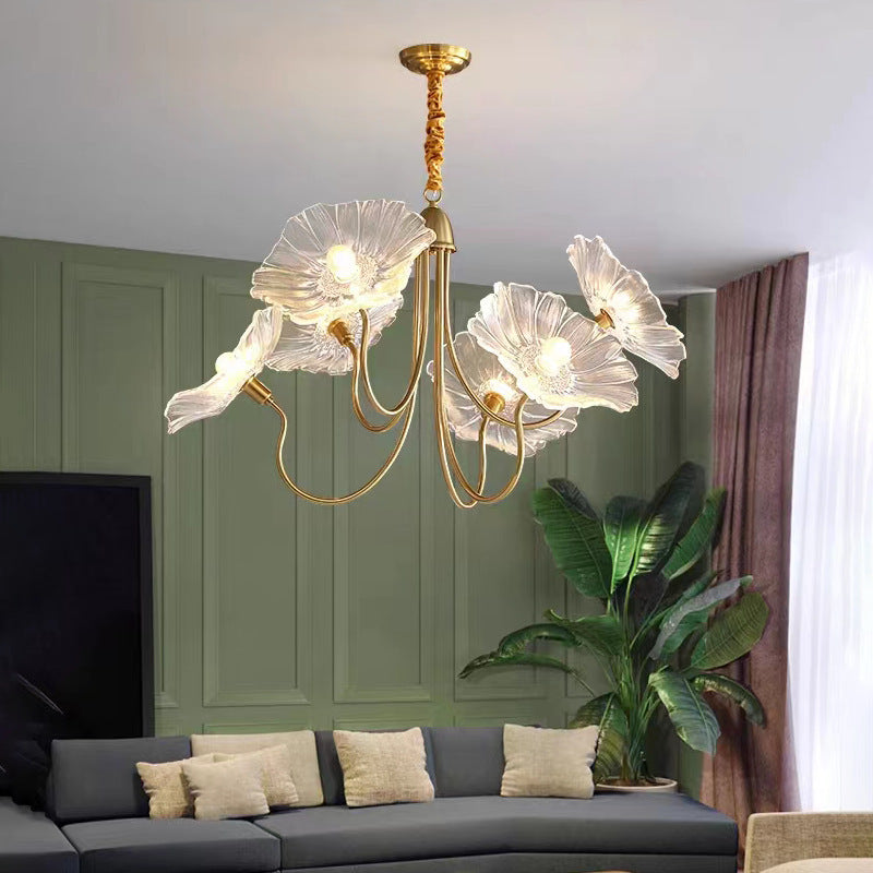 Traditional French Floral Curved Glass Iron 3/6 Light Chandelier For Living Room