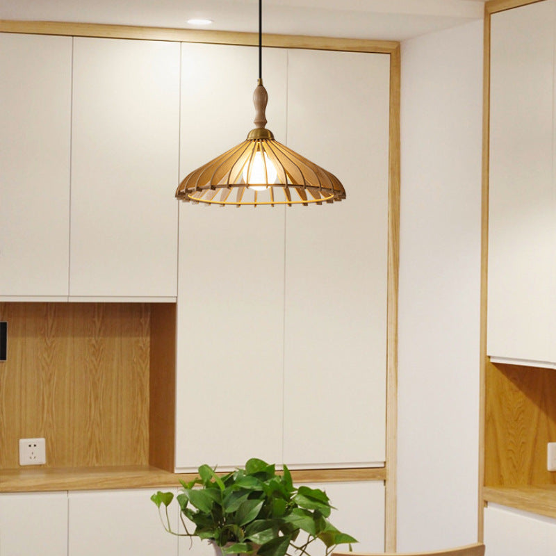 Traditional Japanese Umbrella Skeleton Ash Wood Brass 1-Light Pendant Light For Living Room