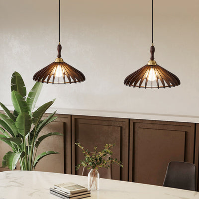 Traditional Japanese Umbrella Skeleton Ash Wood Brass 1-Light Pendant Light For Living Room