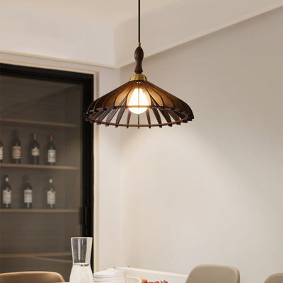 Traditional Japanese Umbrella Skeleton Ash Wood Brass 1-Light Pendant Light For Living Room