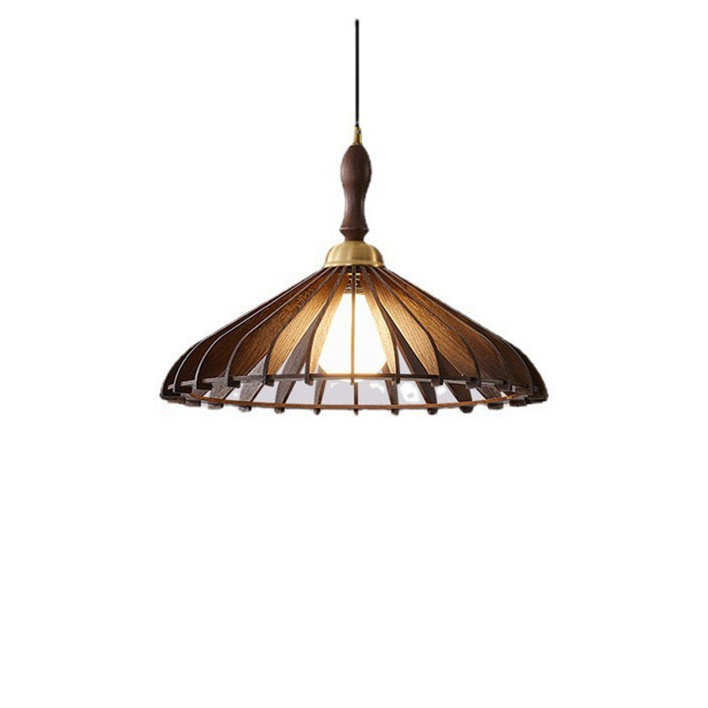 Traditional Japanese Umbrella Skeleton Ash Wood Brass 1-Light Pendant Light For Living Room