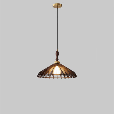 Traditional Japanese Umbrella Skeleton Ash Wood Brass 1-Light Pendant Light For Living Room