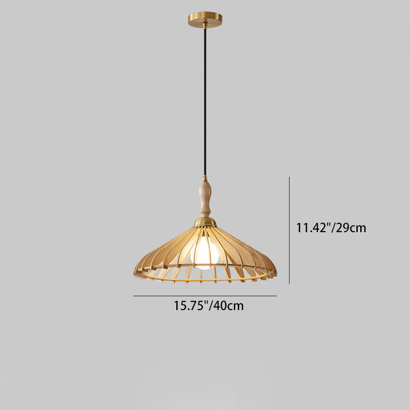Traditional Japanese Umbrella Skeleton Ash Wood Brass 1-Light Pendant Light For Living Room