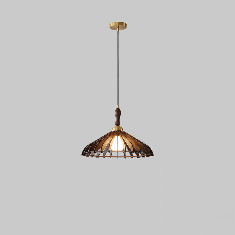 Traditional Japanese Umbrella Skeleton Ash Wood Brass 1-Light Pendant Light For Living Room
