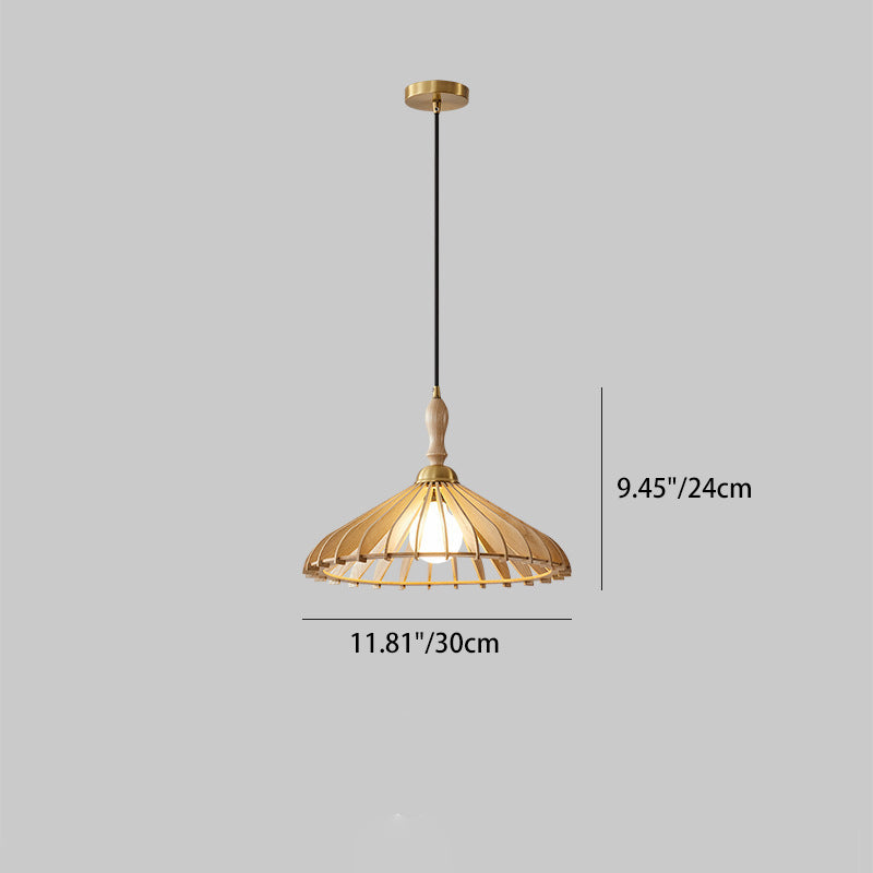 Traditional Japanese Umbrella Skeleton Ash Wood Brass 1-Light Pendant Light For Living Room