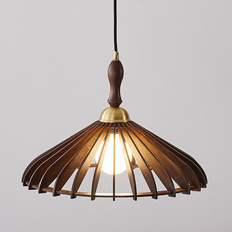 Traditional Japanese Umbrella Skeleton Ash Wood Brass 1-Light Pendant Light For Living Room